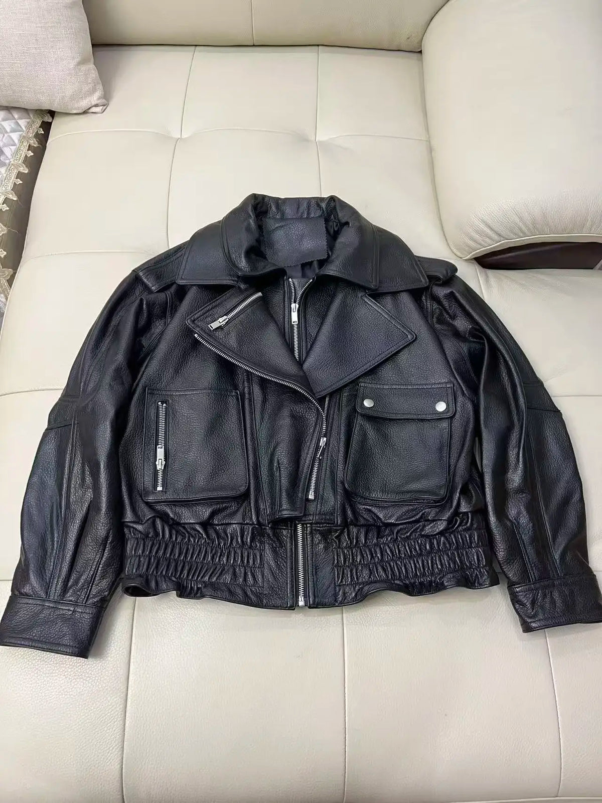 Leather Coat Autumn Winter Women Vintage Fashion Double Collar Lychee Pattern Sheepskin Bubble Leather Zipper Motorcycle Jacket