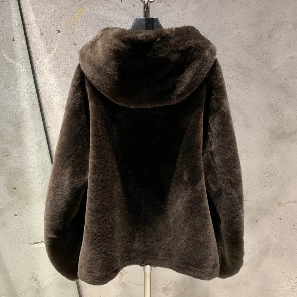 Women Merino Coats Hooded Ladies Lamb Fur Shearling Coat Luxury Winter Warm Merino Fur Coat