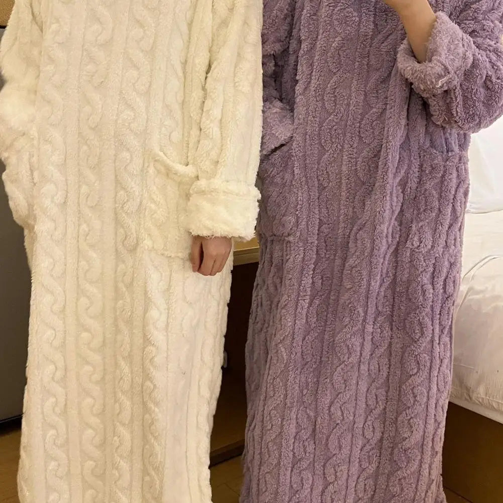 Coral Velvet Women's Nightgown Autumn And Winter Long Sleeve Double Pocket Flannel Nightgowns Women Loose Solid Sleepwear