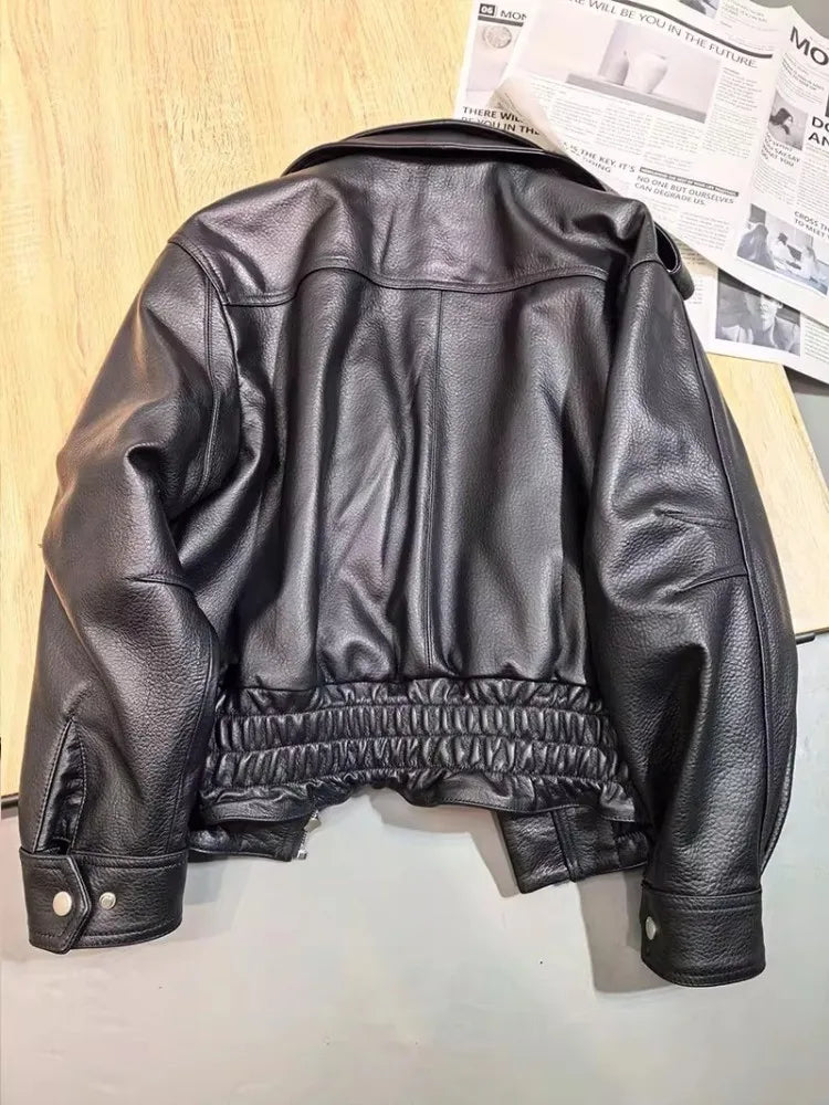 Punk Women Vintage Genuine Leather Jacket Lapel Streetwear Motorcycle Short Coat Loose Fit High Quality Real Sheepskin Outerwear