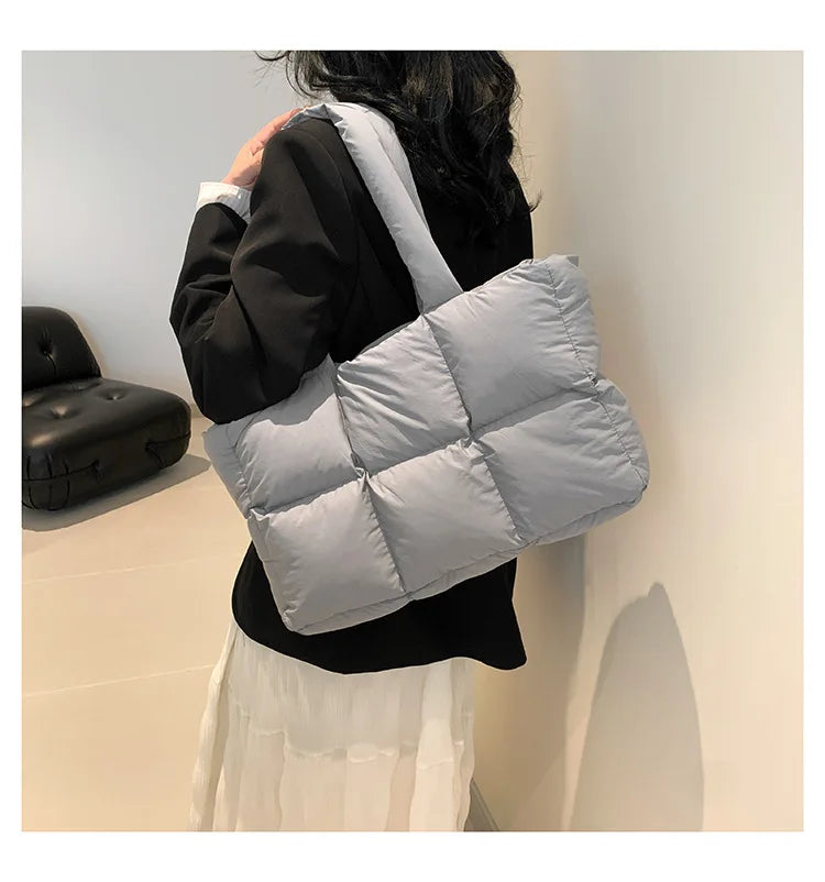 Quilted Plaid Bag Women Tote Handbags Retro Trendy Checkered Waterproof Shoulder Bag Solid Color Winter Soft Large Capacity Bags