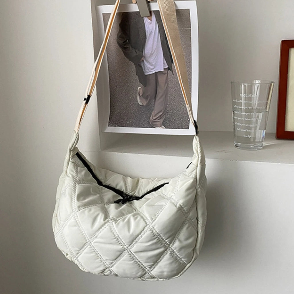 Black diamond check embroidered thread large capacity down Cloud Women's shoulder crossbody dumpling bag (without pendant)