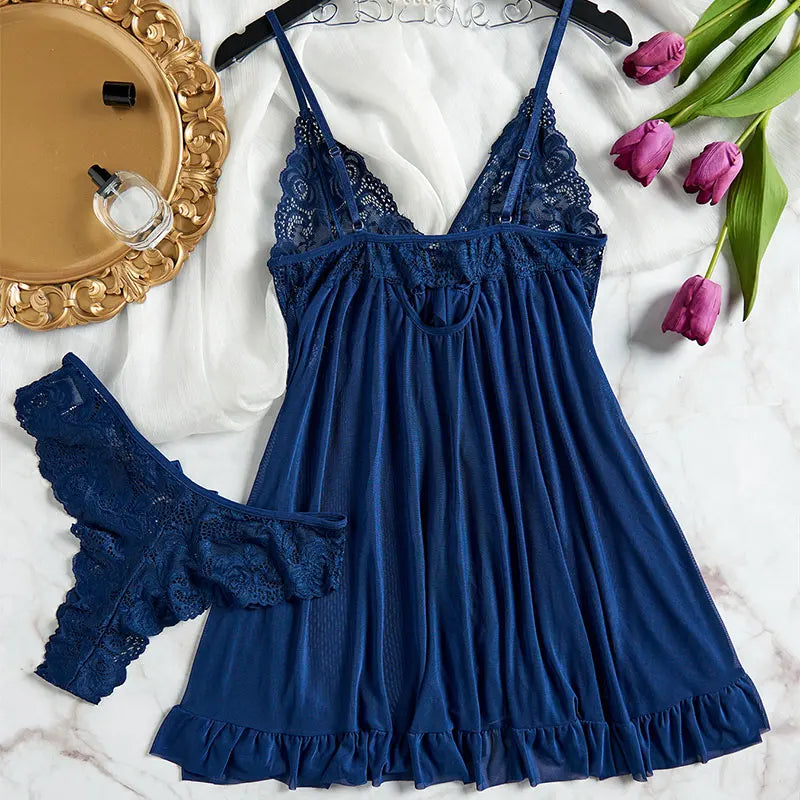 Tulle Suspenders Exquisite Women's Lencerias Lace V-Neck Underwear Semi-transparent Thong Dress Set Females Lingerie Nightgowns