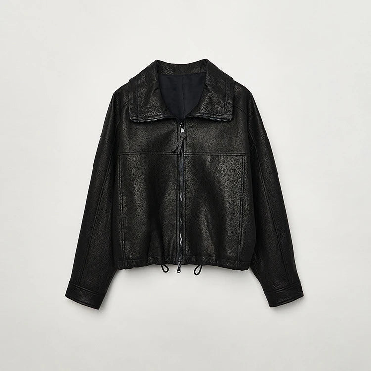 Real Leather Jacket Women Autumn High Stand Collar Drawstring Double Zippers Locomotive Retro Short Sheepskin Coat Kurtka Damska