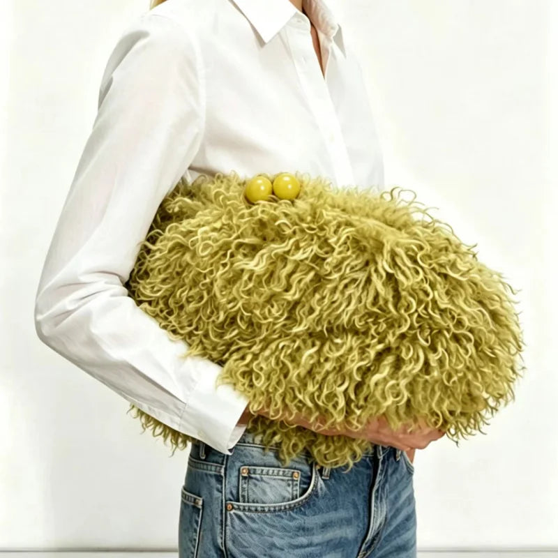 Women Kisslock Faux Fur Clutch Bag Winter Warm Fuzzy Pouch Frame Clasp Bag With Chain Crossbody Dark Grey Red Yellow