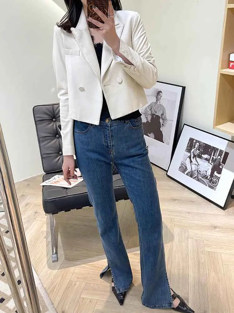 Suit Leather Jacket For Women 2025 Female 100% Sheepskin Lined Suit Collar Slim Short Quilted Coats Retro OL Sobretudo Feminino