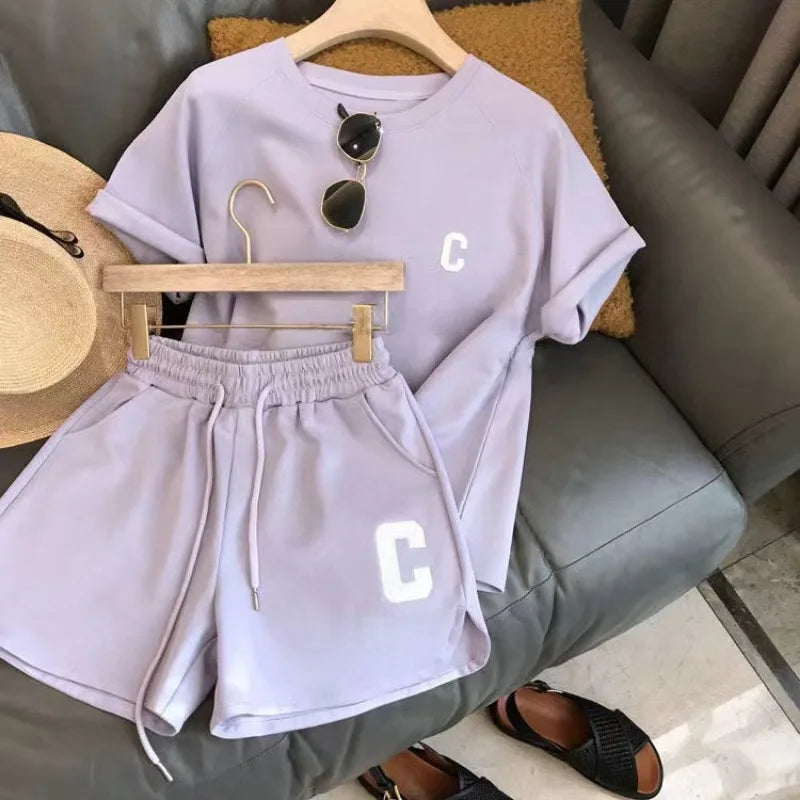  2 Piece Set Women Summer Loose Short Sleeve T-Shirt Casual Shorts Sports Print Letter Casual Suit Large Size Short Pajamas