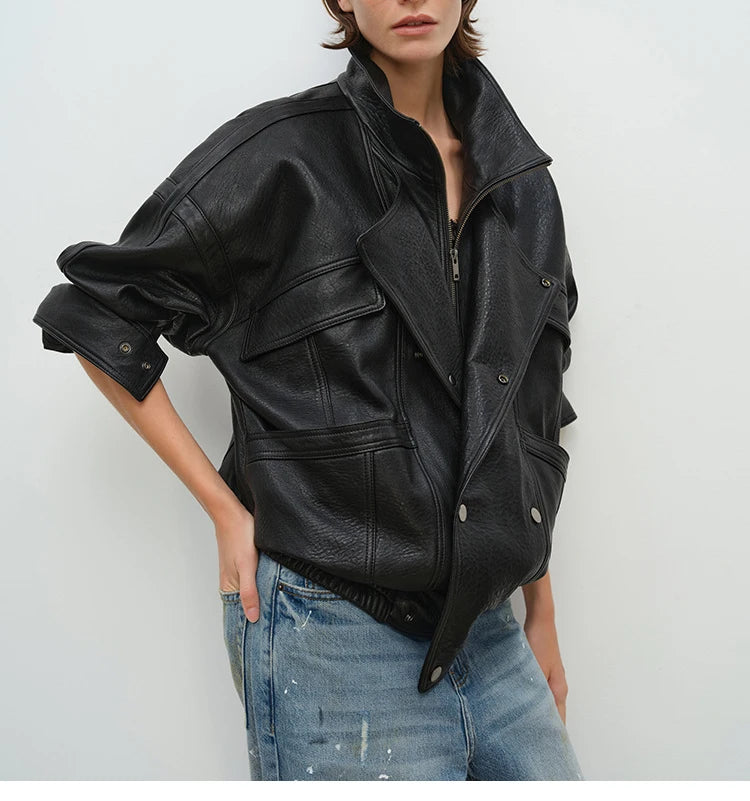 Brown Sheepskin Bubble Skin Coat Female Retro Double Layer Collar Double Breasted Zipper Loose Leather Jacket Winter Outerwear