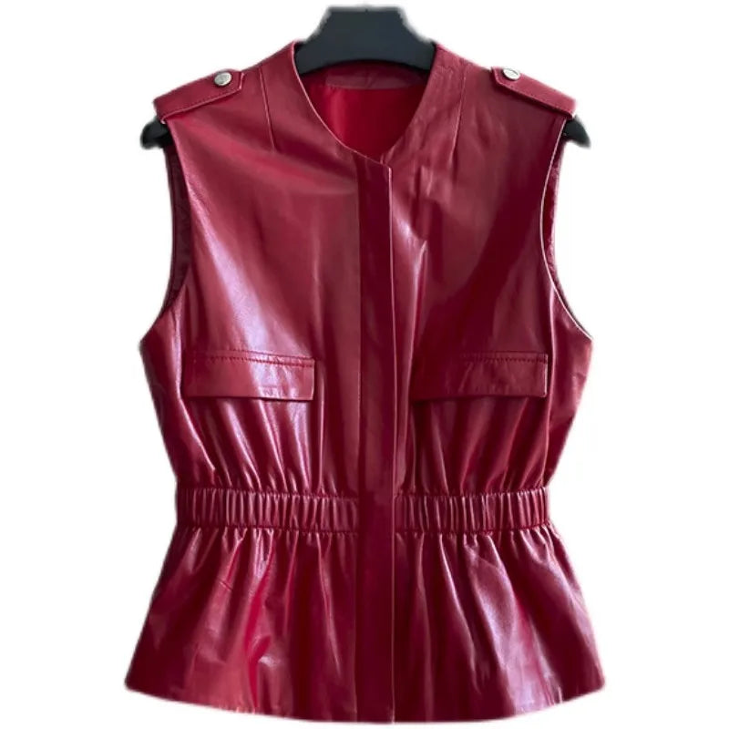 Women's Slim Waist Red Genuine Leather Vest Sleeveless Casual Jacket Short Style Versatile for Spring Autumn