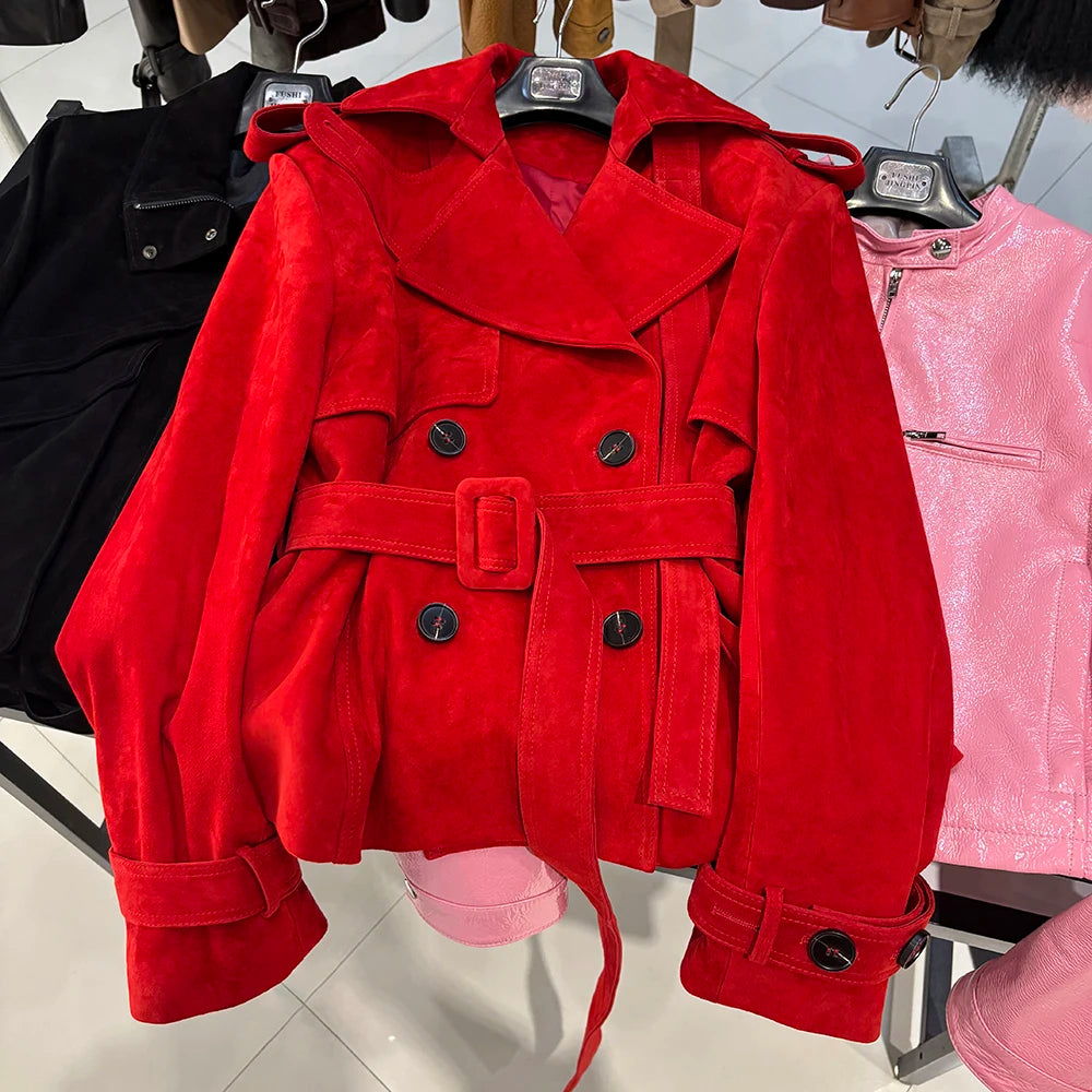 YOLOAgain High Quality Suede Leather Jacket Women With Belt Double Breasted Croc Pattern Jacket Female