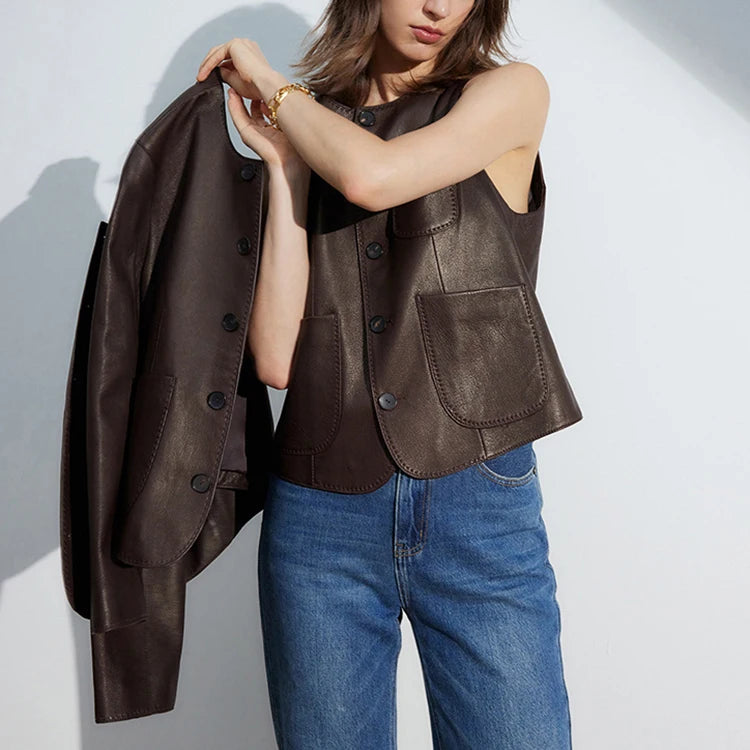 Women's Autumn Clothing European High Quality Sheepskin Casual O-Neck Single-Breasted Coffee Litchi Stria Genuine Leather Jacket