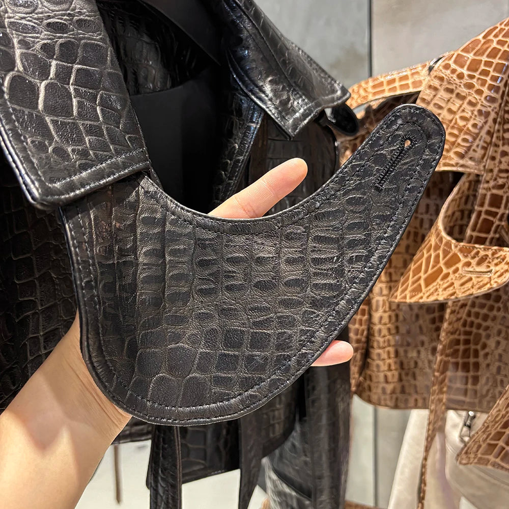 YOLOAgain Croc Pattern Real Leather Cropped Jacket Women Genuine Leather Jacket Female Streetwear