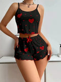 2pcs Women's Pajama Set Sexy Cute Kawaii Pajamas Women Suspenders Sun-Tops Loungewear Set Shorts Y2K Lolita Heart Silk Sleepwear