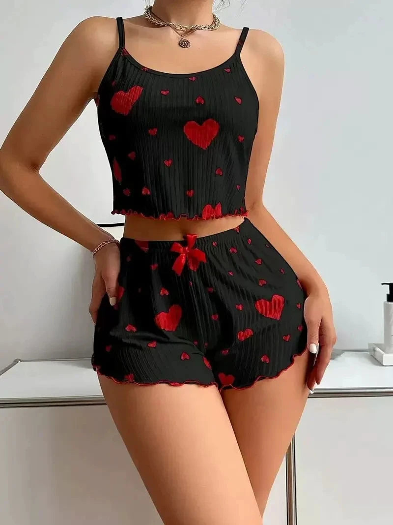 2pcs Women's Pajama Set Sexy Cute Kawaii Pajamas Women Suspenders Sun-Tops Loungewear Set Shorts Y2K Lolita Heart Silk Sleepwear