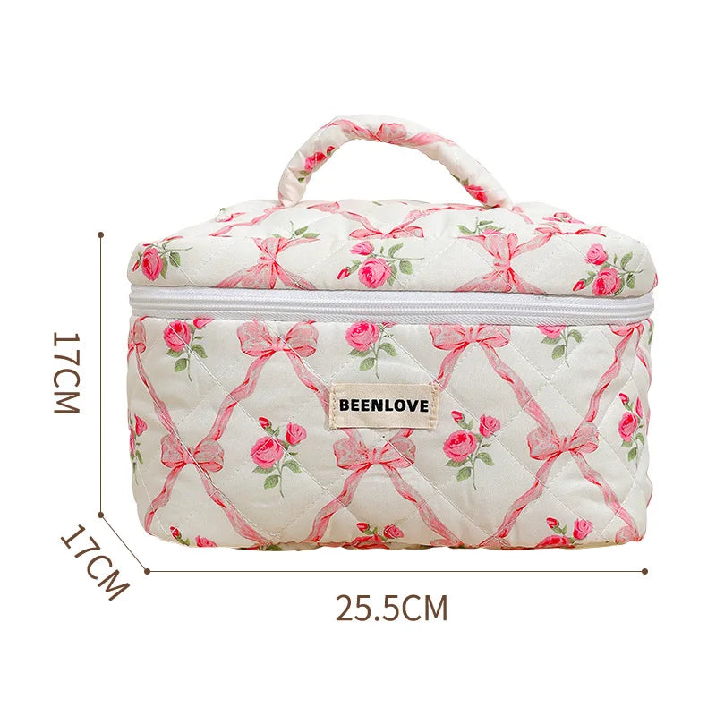 Cute Bow Flower Quilting Cotton Makeup Bag Women Zipper Cosmetic Organizer Female Cloth Handbag Portable Toiletry Case for Girls