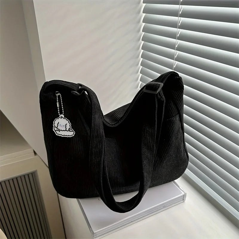 Women’s Corduroy Shoulder Bag, Casual Striped Large Capacity Tote with Zipper Closure, Cute Hat Patch, Perfect for Everyday Use