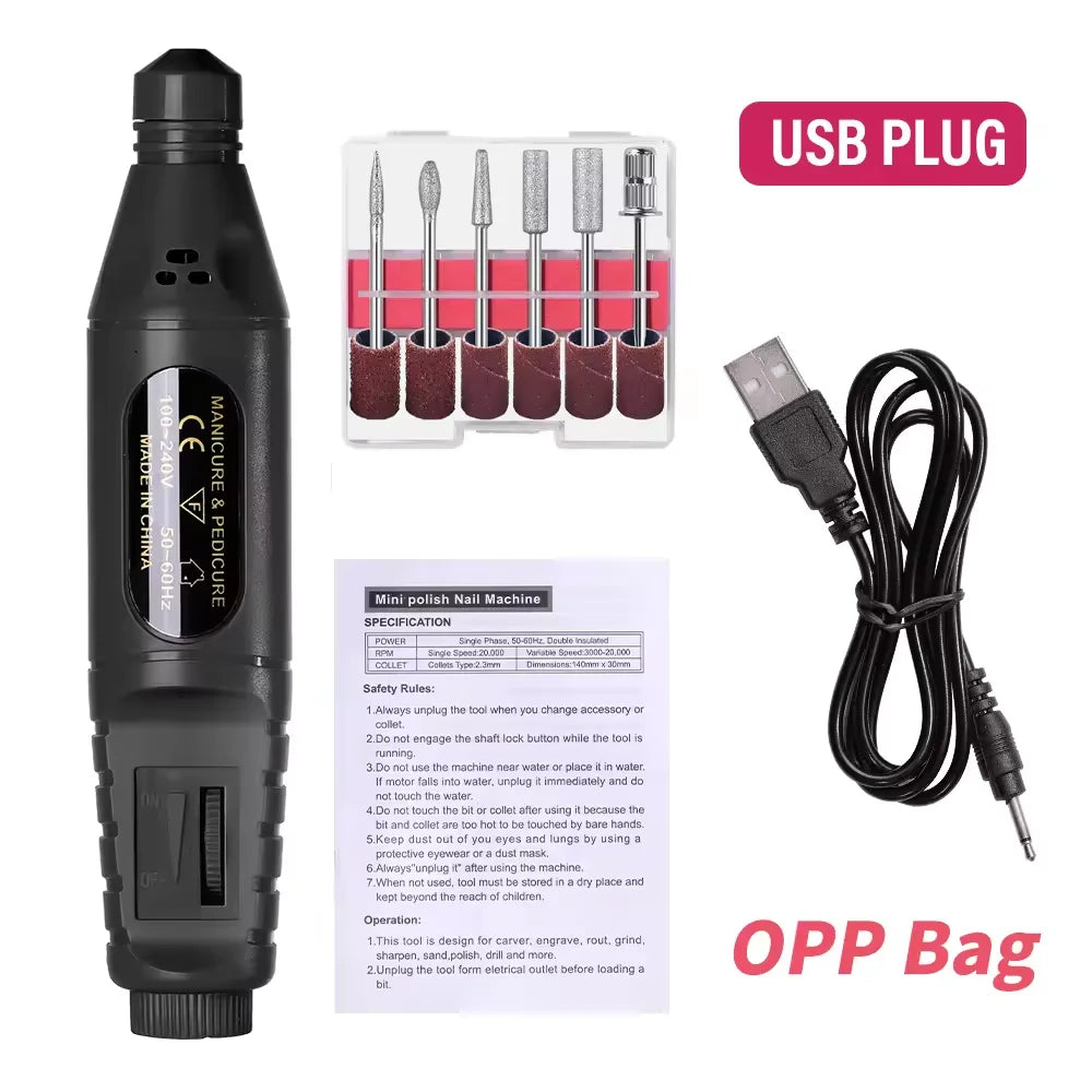 6 In 1 Electric Nail Drill Set Portable Nail Grooming Tool Includes Drill Bits Power Cord Suitable for Nail Filing and Buffing