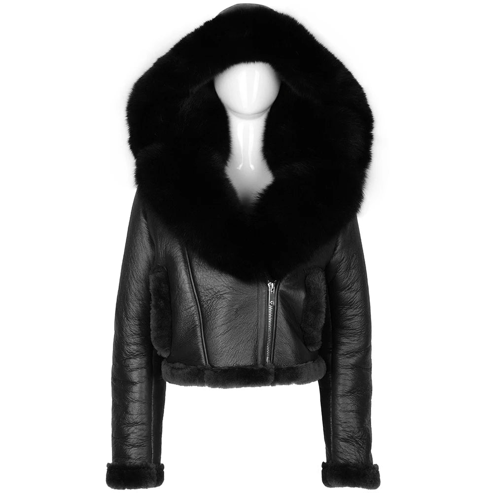 YOLOAgain Burgundy Shearling Jacket With Hood Women 2025 Winter Real Leather Jacket Coat