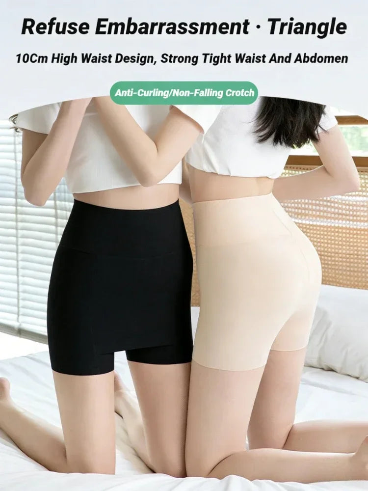 CHUANGERM Women's Ice Silk High Waist Tummy Control Seamless Safety Shorts Thin Double Layer Under Skirt Boxer Shapewear Panty