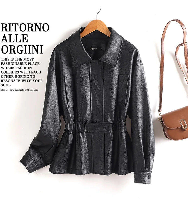 New Women Split Leather Jacket Spring Autumn Fashion Turn-down Collar Stretch Adjustable Waist Short Coat Casual Leather Jacket