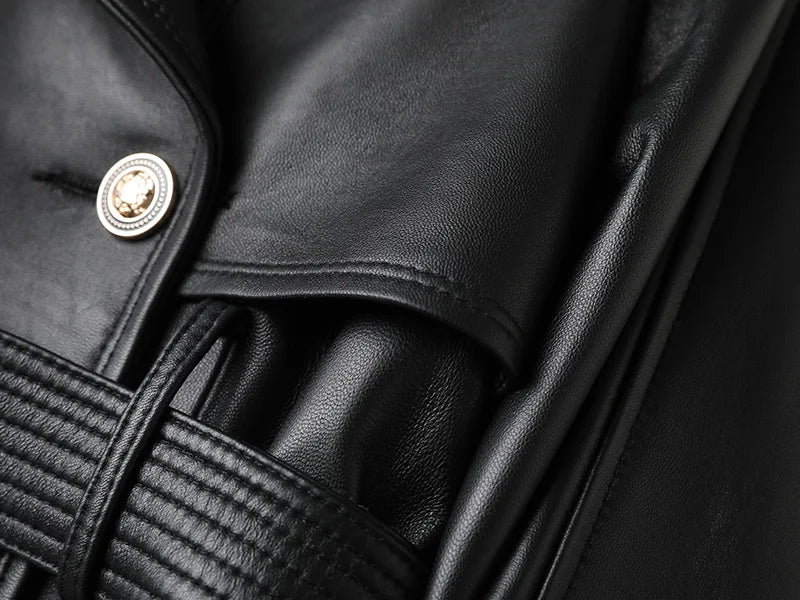 Leather Jacket for Women Spring Double-Breasted Belt Waist Closing Slim Ceket Kadın Imported Sheepskin Loose Short Trench Coat