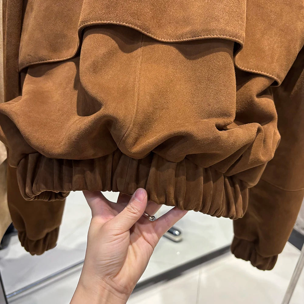 YOLOAgain Suede Leather Jacket Coat Women Real Leather Cropped Jacket Bomber Jacket