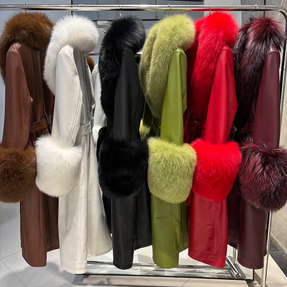 YOLOAgain Burgundy Real Fox Fur Collar Leather Trench Coat Women Genuine Leather Jacket Long Female