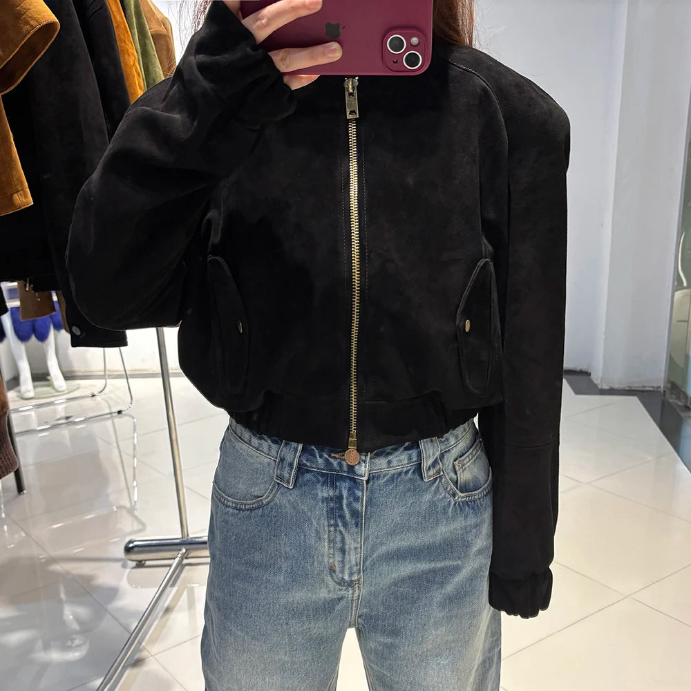 YOLOAgain Suede Leather Jacket Coat Women Real Leather Cropped Jacket Bomber Jacket