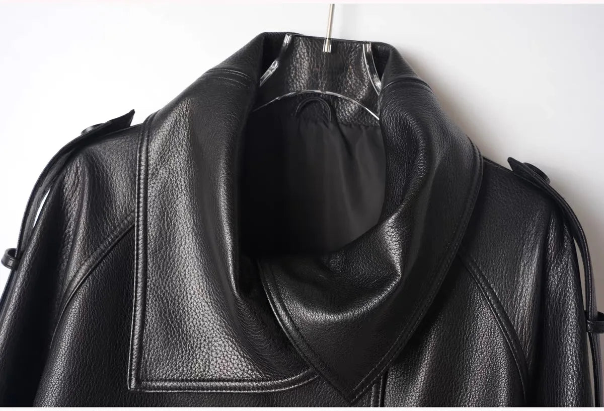 Fashion Real Leather Jacket for Women Modern Genuine Sheepskin Stand Up Collar Short Silhouette Coat Winter Tops Lapel