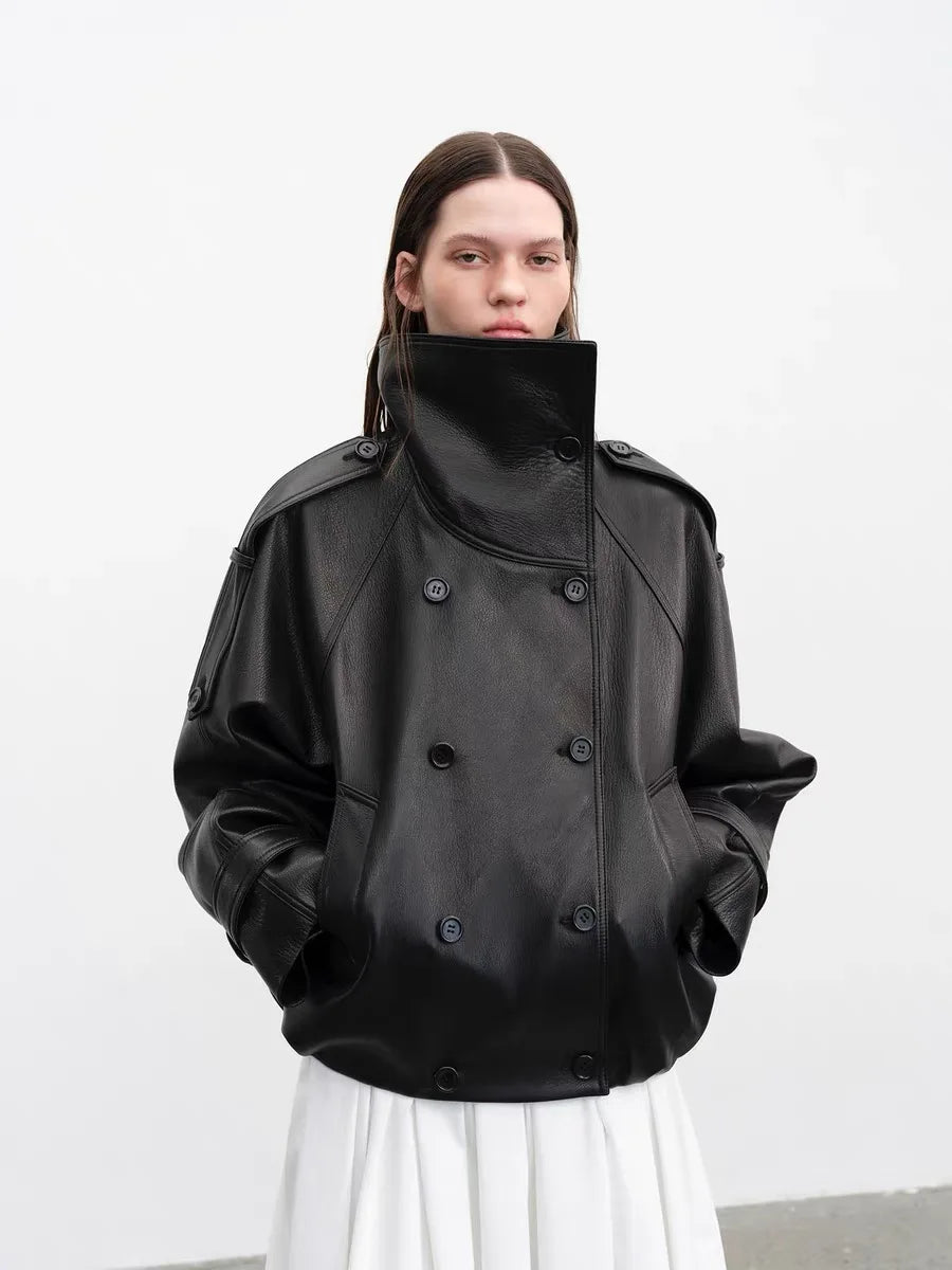 Fashion Real Leather Jacket for Women Modern Genuine Sheepskin Stand Up Collar Short Silhouette Coat Winter Tops Lapel