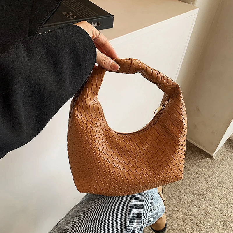 Women Classic Fashion Woven Embossed Hobo Soft PU Leather Small Top-handle Shoulder Bag Casual Daily Handbags