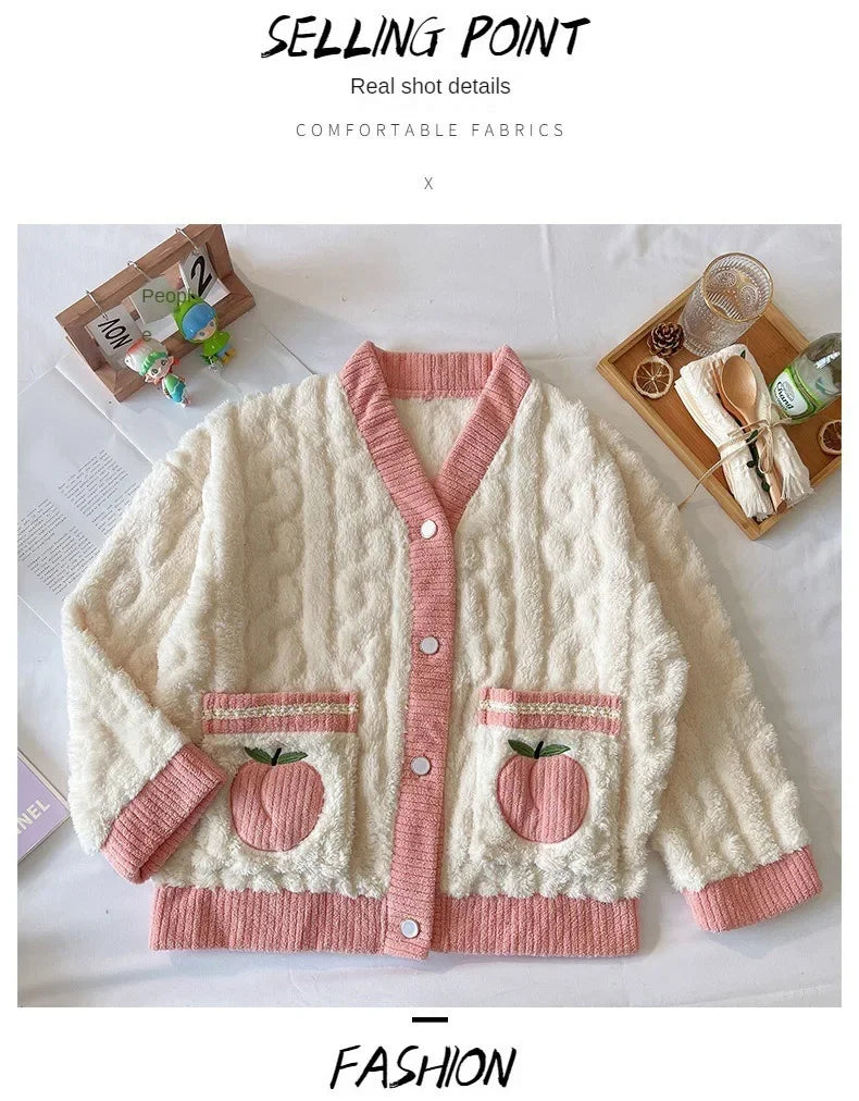 Thickened Warm Pink Peach Coral Velvet Pajamas 2PCS Set Winter Ladies Cardigan Nightwear Homewear Sweet Sleepwear Loungewear