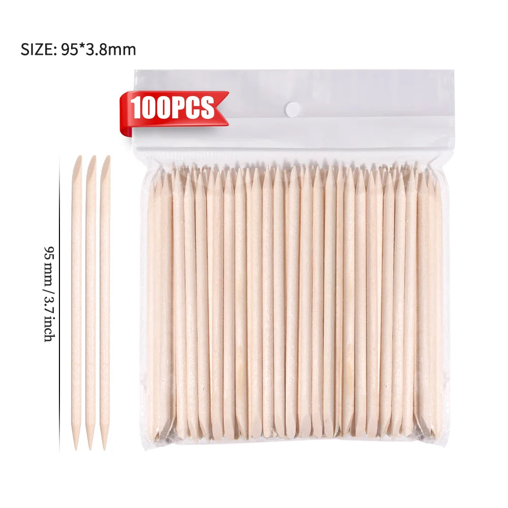 100PCS Cuticle Pusher Remover Nail Art Tools Beechwood Stick Sticks Rhinestones Picker Bead Pusher Manicure Pedicure Care