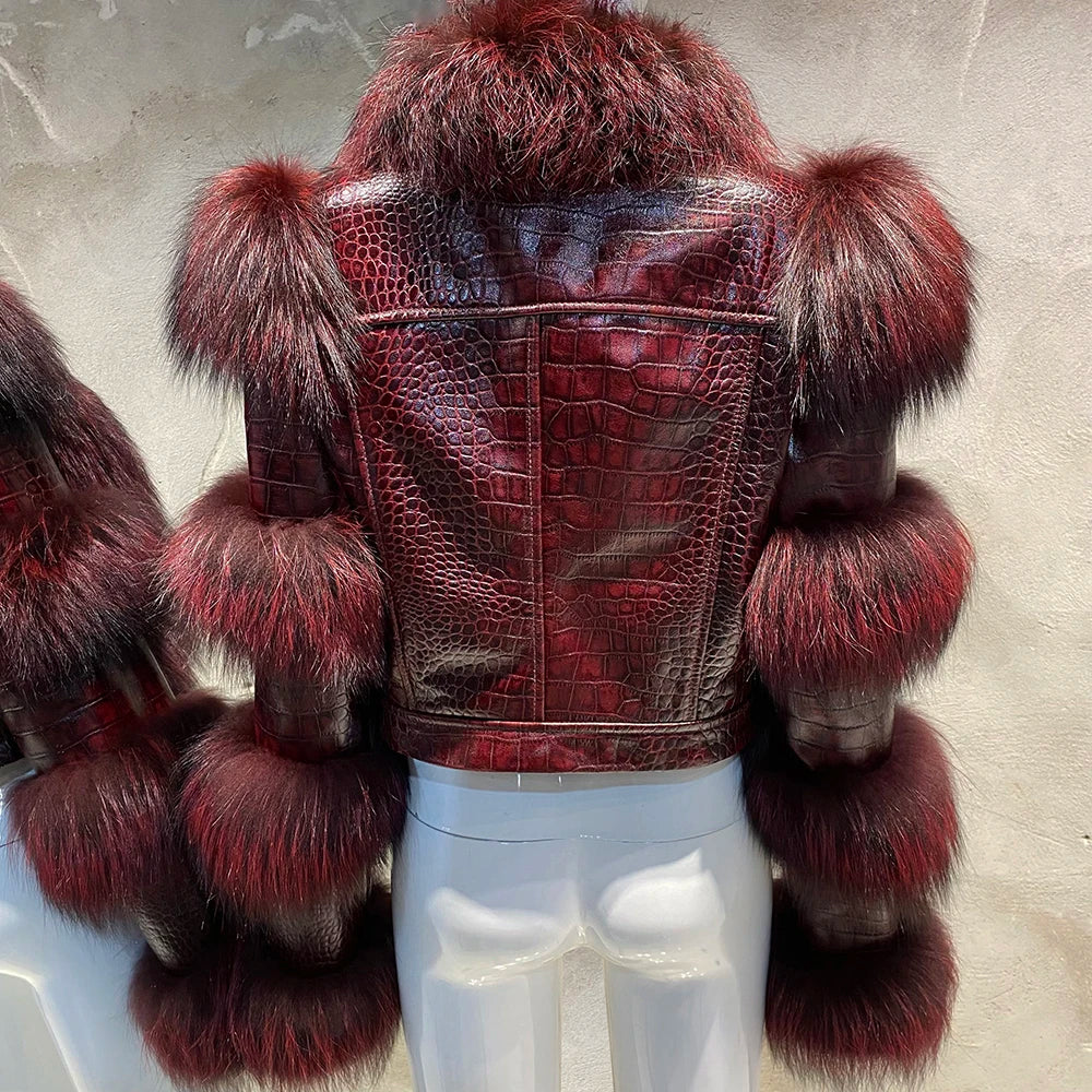 YOLOAgain Women's Natural Fox Fur Jacket Real Leather Cropped Jacket Streetwear