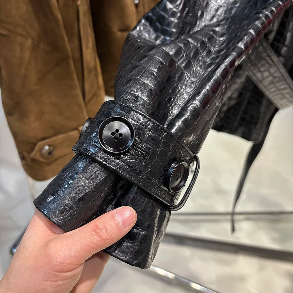 YOLOAgain High Quality Suede Leather Jacket Women With Belt Double Breasted Croc Pattern Jacket Female
