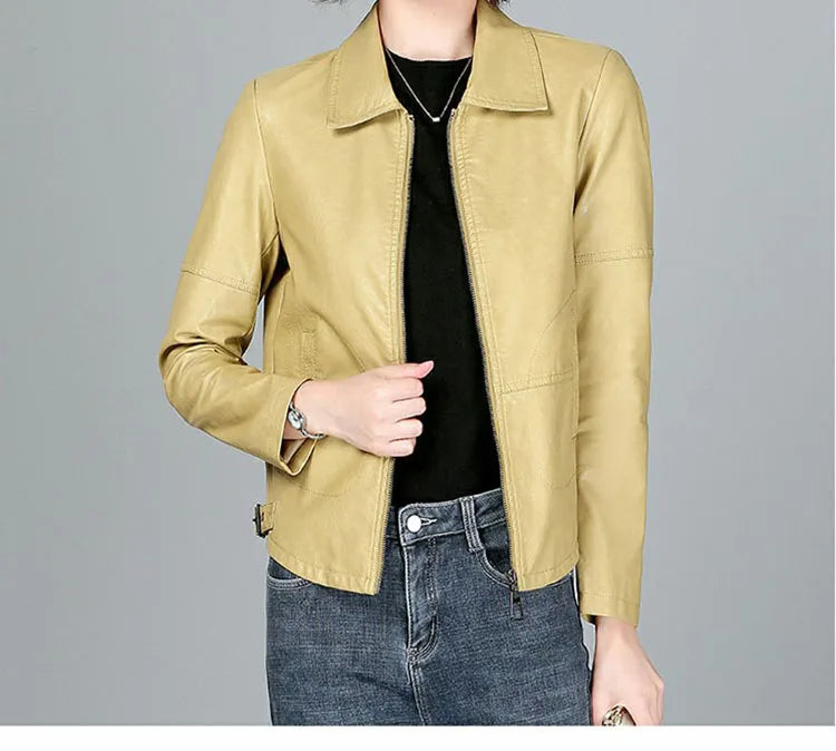 New Women Sheepskin Jacket Spring Autumn 2025 Fashion Casual Long Sleeve Short Zipper Leather Coat Loose Split Leather Outerwear