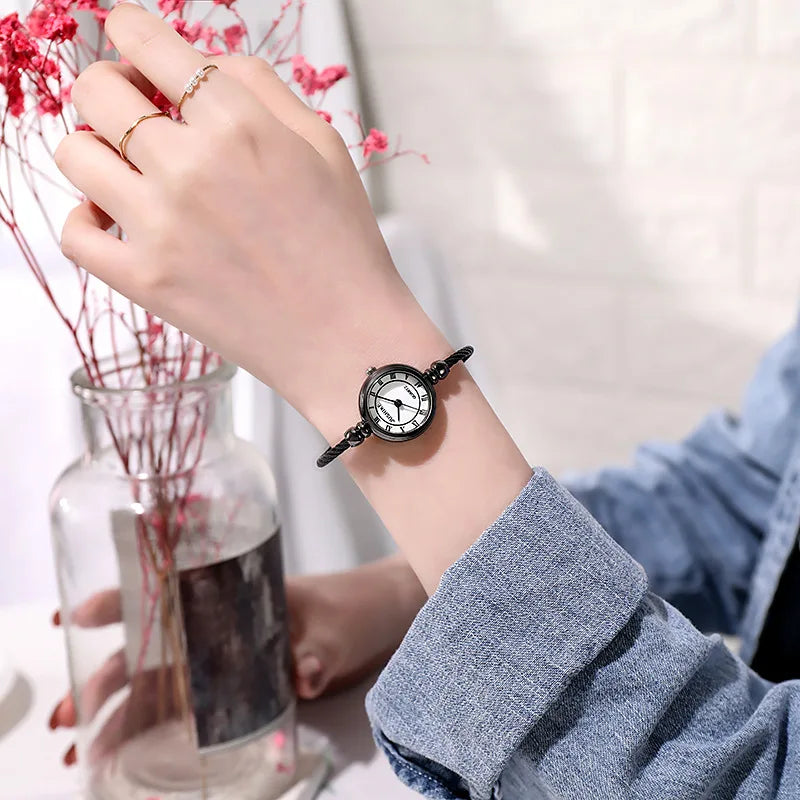 YIKAZE Small Gold Bangle Bracelet Luxury Watch Stainless Steel Retro Ladies Quartz Wristwatch Fashion Casual Thin Chain Watches