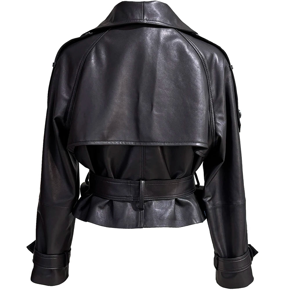YOLOAgain Funnel Neck Real Leather Jacket Women Double Breasted Suede Jacket With Belt Streetwear