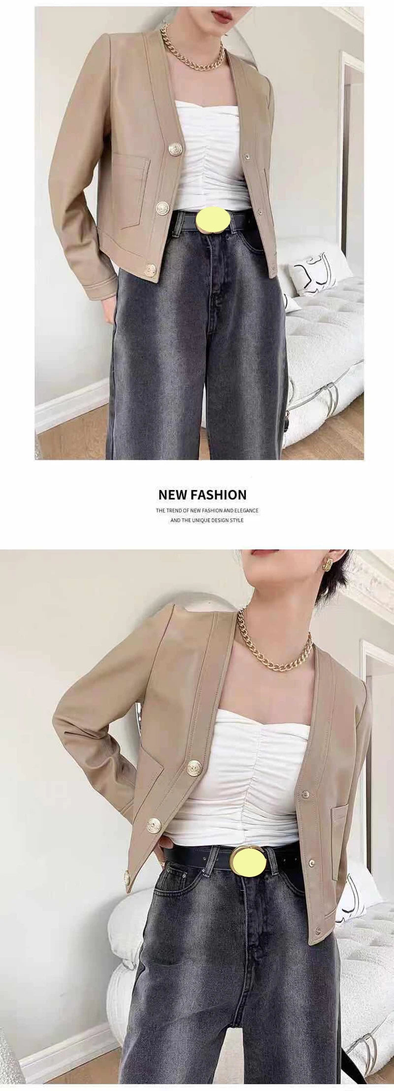 Genuine Sheepskin Casacas Para Mujer Women Casual V-neck Short Khaki/White/Black Leather Jacket Feminino Slim Tops Trendy Pocket