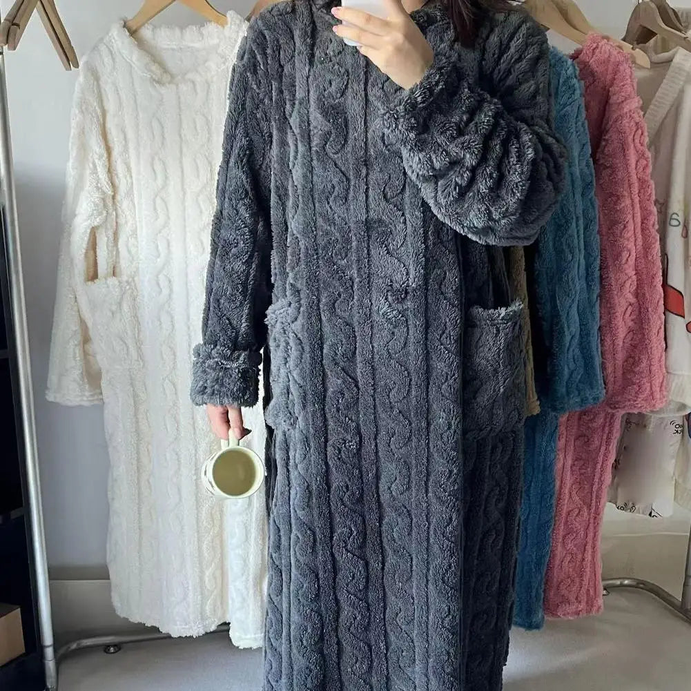 Coral Velvet Women's Nightgown Autumn And Winter Long Sleeve Double Pocket Flannel Nightgowns Women Loose Solid Sleepwear