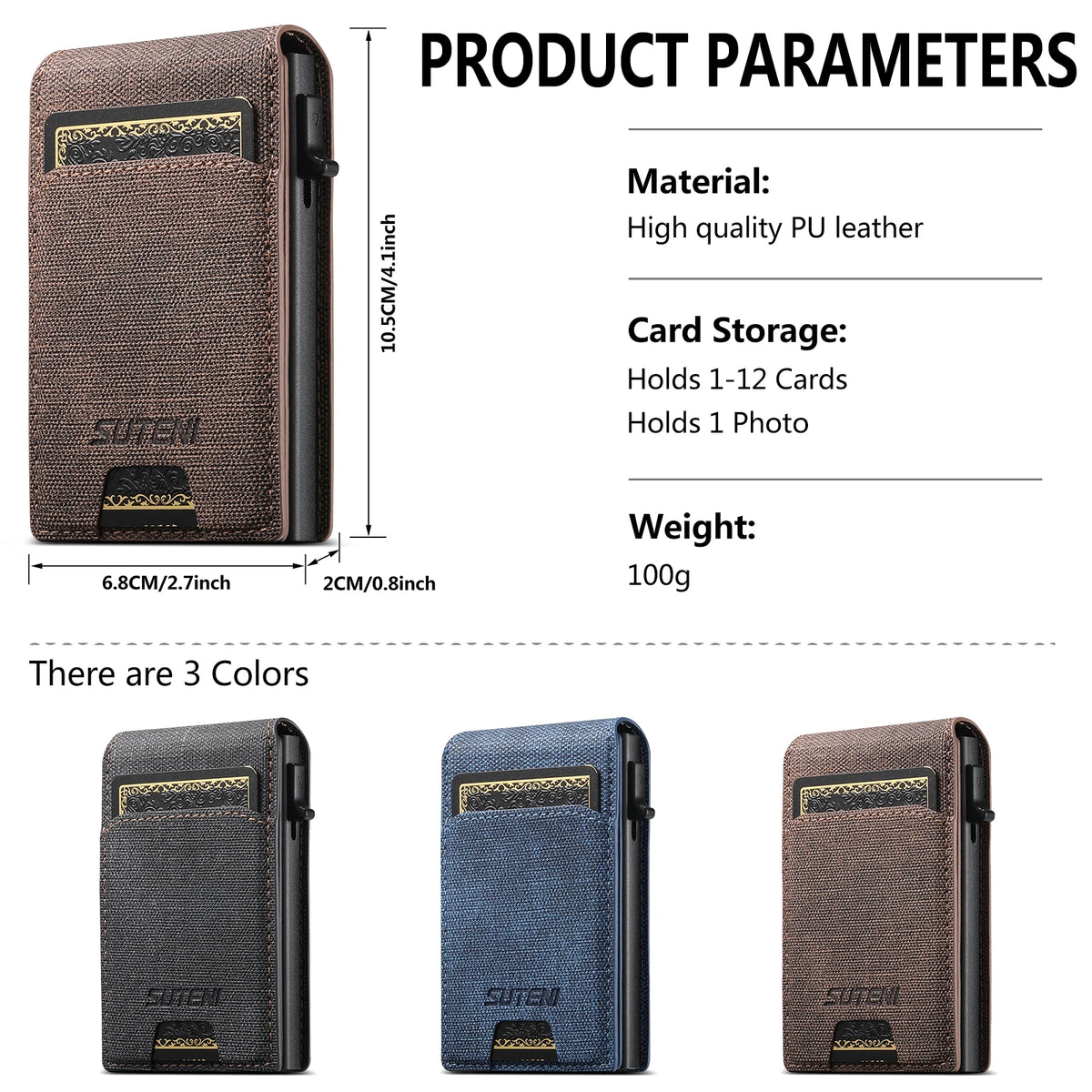 Push-out Card High Quality Faux Leather Card Holder Wallet Holder Large Capacity Can Hold 1-12 Cards 1 Photo Black/Brown/Blue