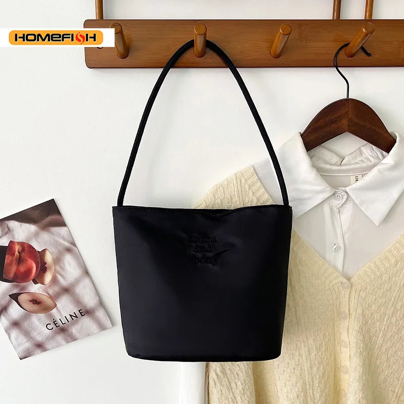 Embroidered Nylon Bucket Bag, Japanese Style Commuter Single Shoulder Bag, Fashion Spring Summer Small Square Handbag for Women