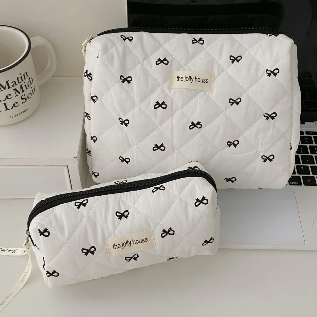 Fashion Cherry Tote Women Makeup Bag Portable Cute Ladies Cosmetic Toiletry Storage Pouch Handbag Cotton Quilted Zipper Bag