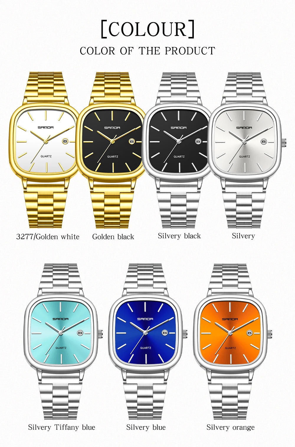 Sanda 2026 Couple Quartz Watch Men's and Women's Square Watch 3ATM Waterproof Calendar Simple and Elegant Women's Watch 3278