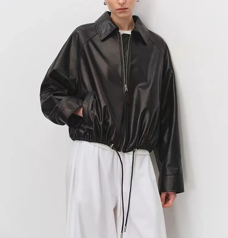 Real Leather Clothing for Women Lapel Drawstring Silhouette Short Coat Female Genuine Sheepskin Balloon Jacket Bomber Femme