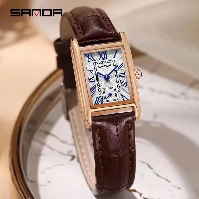 SANDA 1116 Elegant Women's Quartz Watch Casual Rectangular Waterproof Steel Leather Strap Casual Business Women's Watch часы