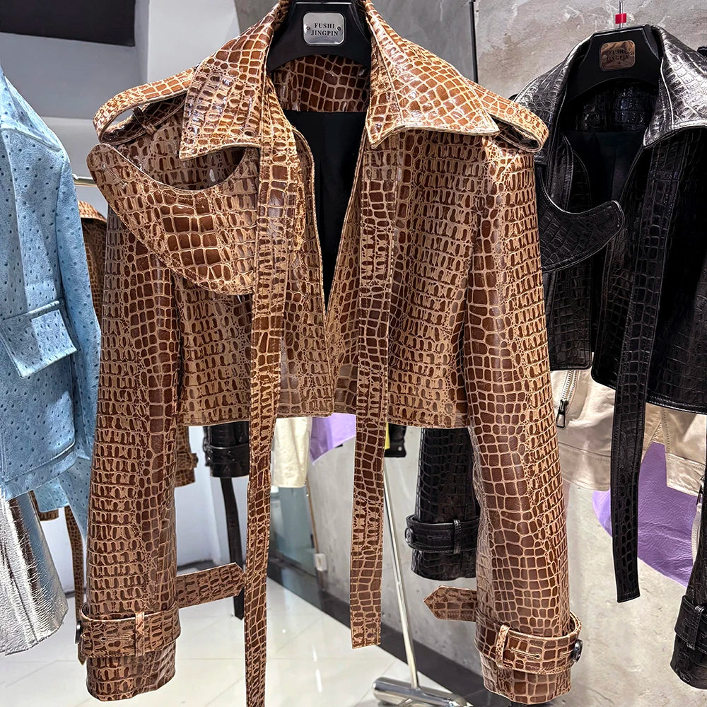 YOLOAgain Croc Pattern Real Leather Cropped Jacket Women Genuine Leather Jacket Female Streetwear