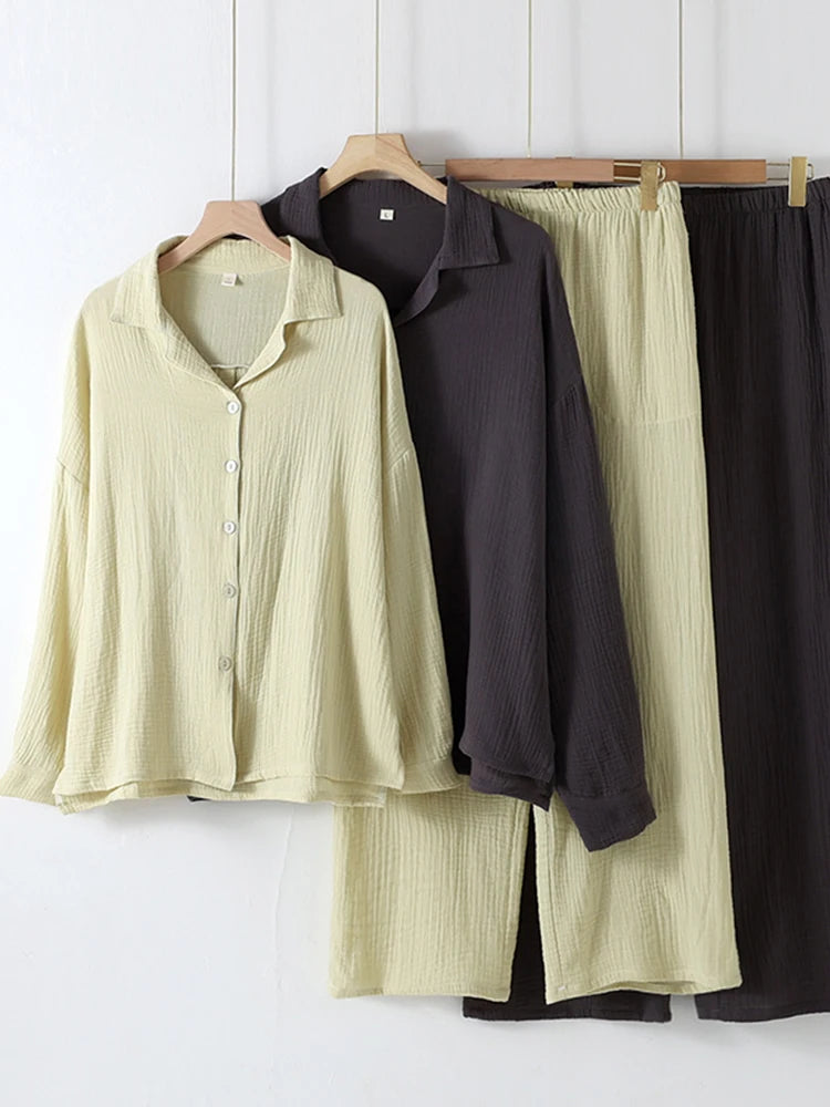 Couples Spwear Cotton Gauze Long Sve Home Clothes Set Women's Pure Cotton Men's Spring Autumn Season Button Decor