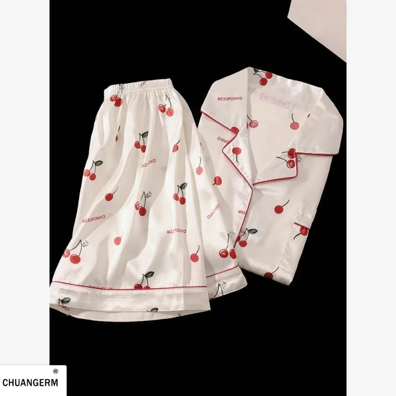Cherry Print Silk Pajamas Set For Women Summer Short Sleeve Shirt And Shorts Two Pieces Sleepwear Homewear Nightwear