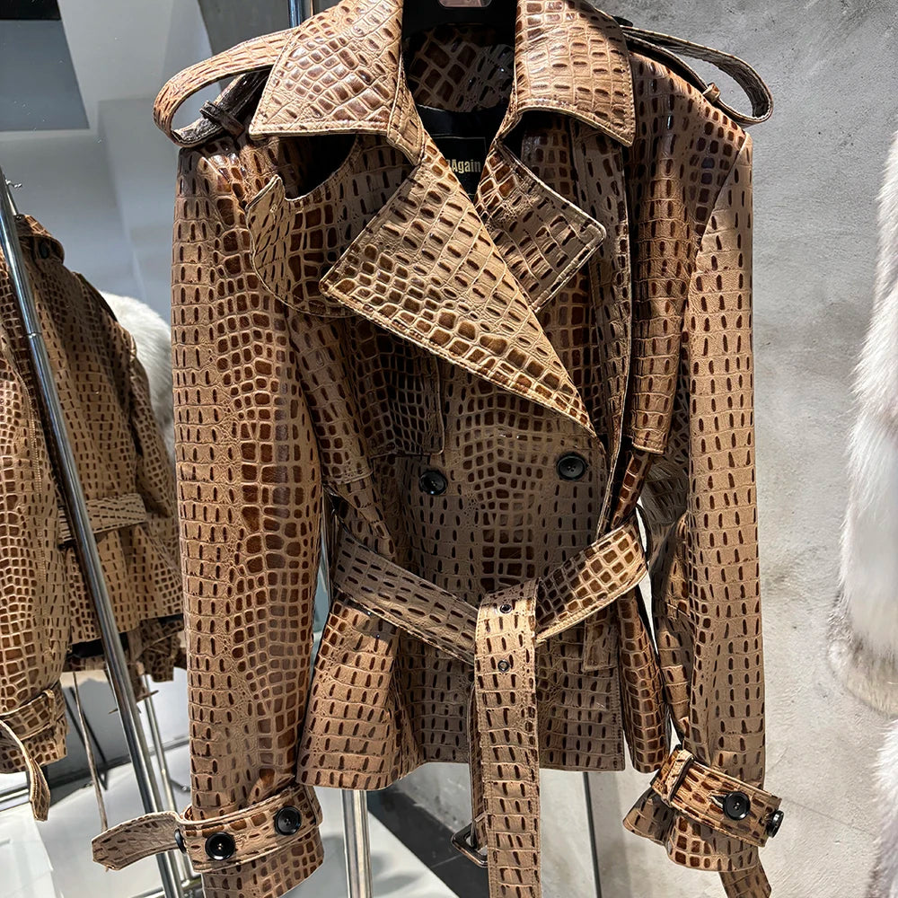 YOLOAgain High Quality Suede Leather Jacket Women With Belt Double Breasted Croc Pattern Jacket Female
